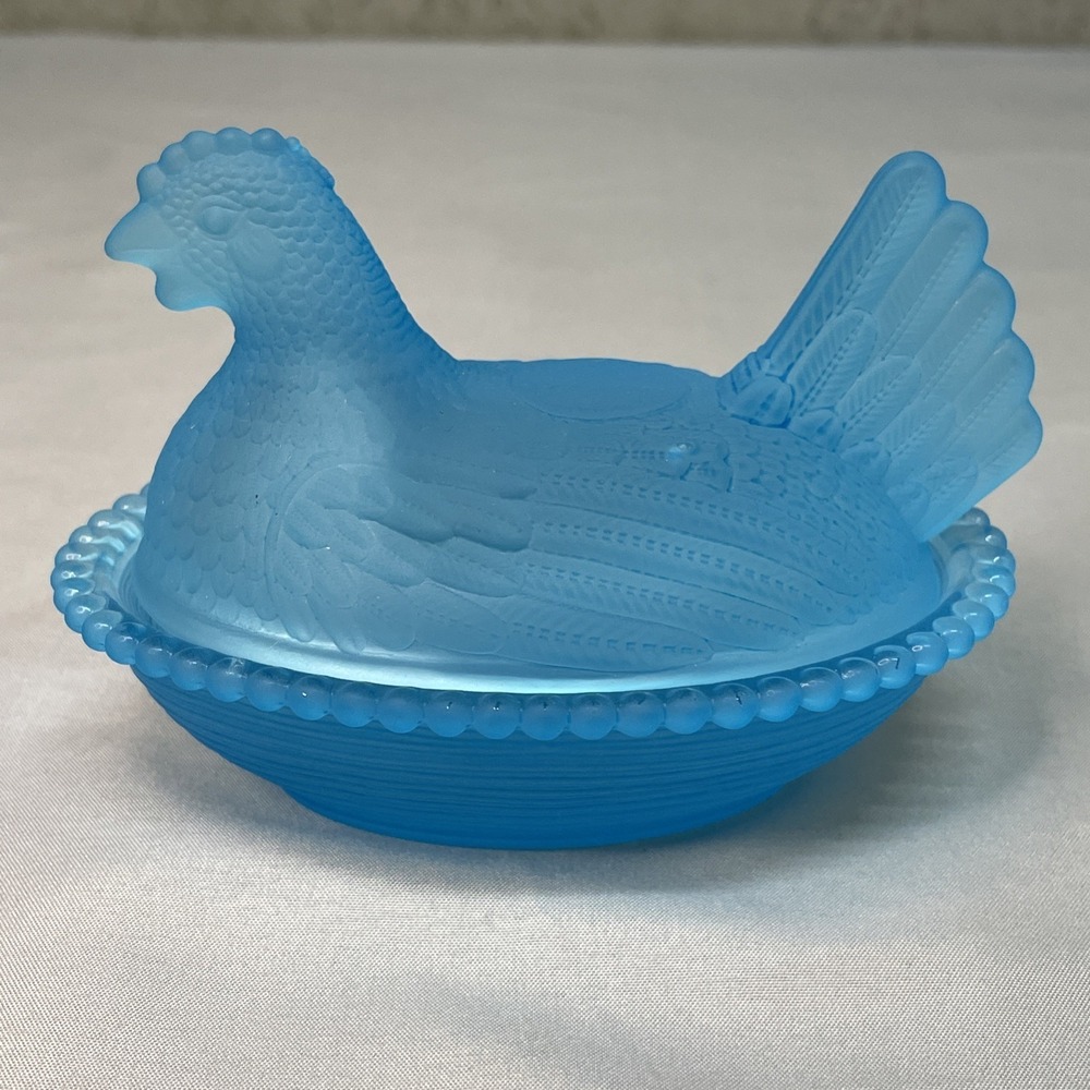 Blue satin Glass Hen On Nest Candy Dish